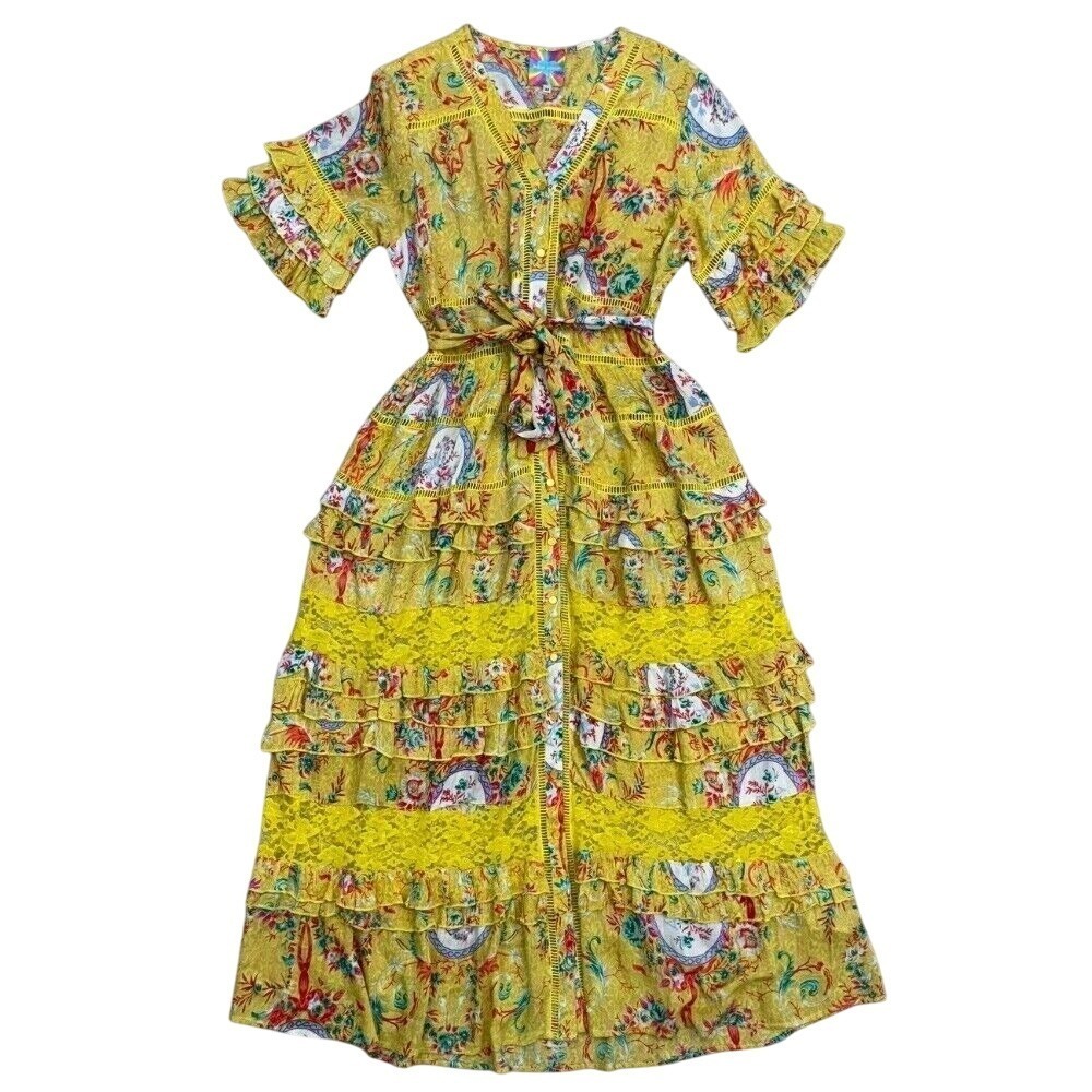 Coquette Boho Maxi Dress‎ Floral Print Ruffle Trim Tie Waist Yellow